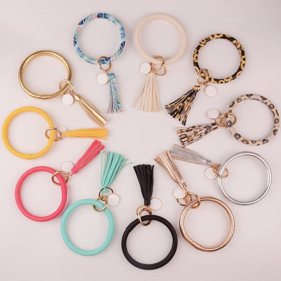 2019 New PU Leather O Key Chain Custom Circle Cute Same Color Tassel Wristlet Keychain Wholesale Women Girls 11Colors Keychain