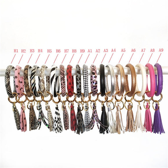 2019 New PU Leather O Bracelet KeyChains Circle Cute Same Color Tassel Wristlet Keychain Wholesale Women Girls